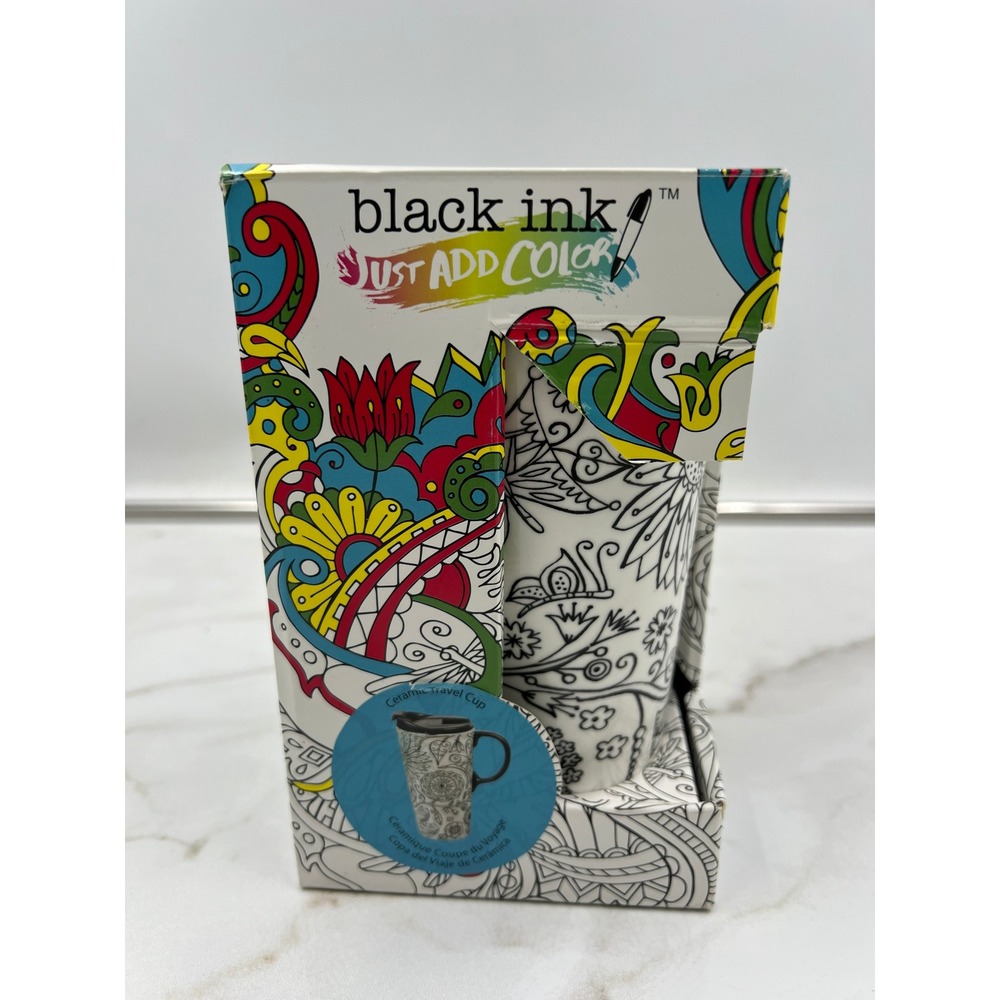 Black Ink Just Add Color Ceramic Travel Cup DIY Coloring Mug Floral Paisley New